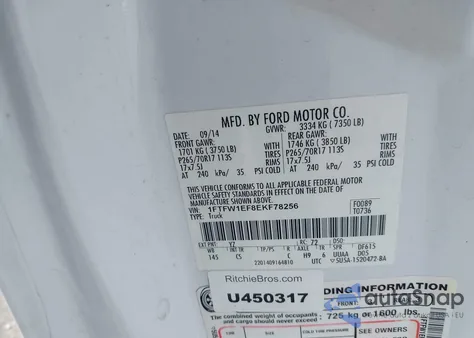 2014 Ford F-150 Xl from USA, damaged, VIN 1FTFW1EF8EKF78256